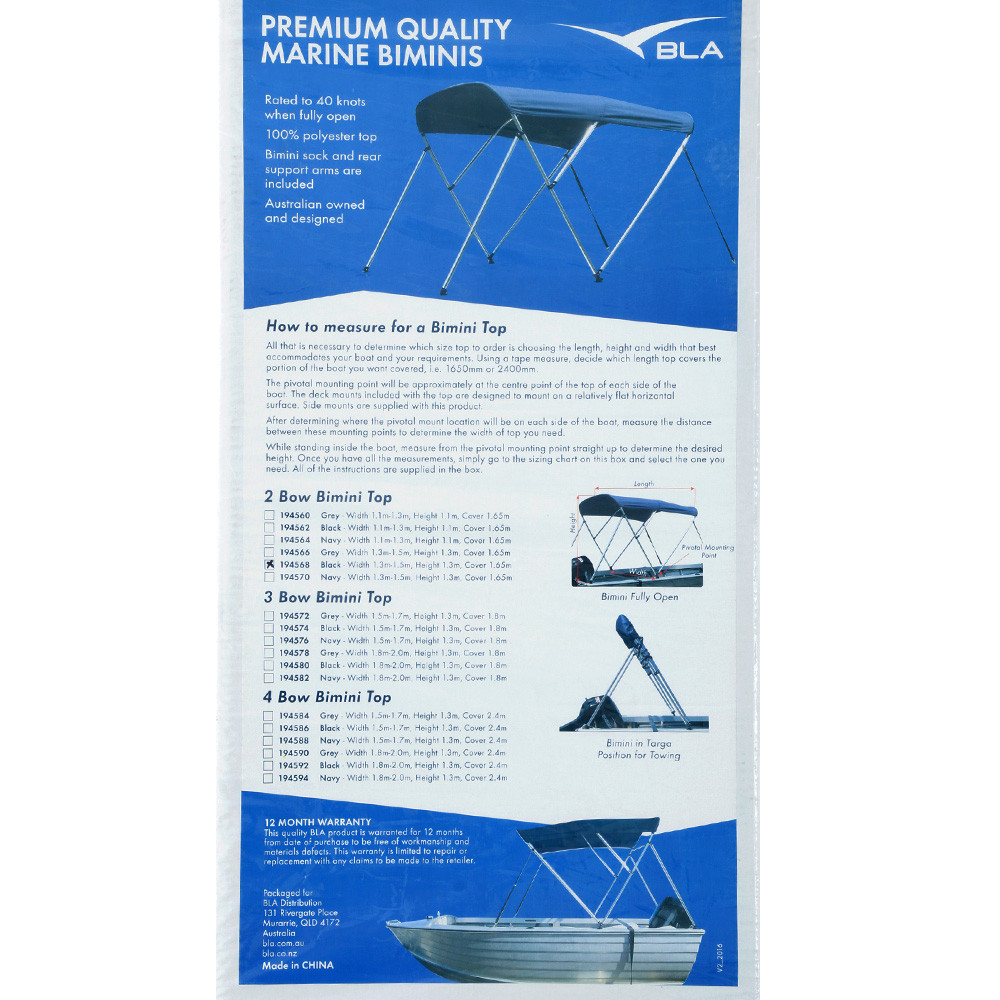 Buy BLA 2 Bow Bimini Top Black 1.31.5 x 1.3m online at MarineDeals.co.nz