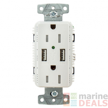 Hubbell USB15A5W Dual Outlet White 15A 125v 2-Pole and Dual 5A 5v USB Ports