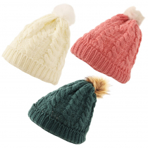Womens Cable Knit and Pom Pom Beanie - Assorted