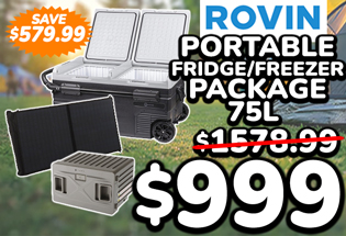 Rovin Dual Zone Portable Fridge/Freezer Package 75L 12/24V DC 230V AC Solar Ready