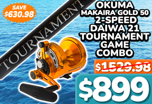 Okuma Makaira Gold 50 2-Speed Daiwa 21 Tournament Game Combo 5ft 6in PE5-6 50-60lb 2pc